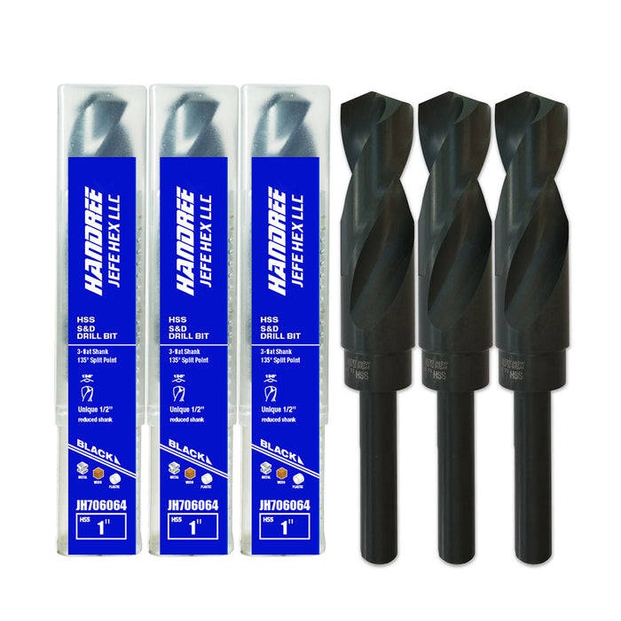 Handree Reduced Shank Drill Bits, HSS, 135 Degrees Split Point, Black Finish 1" (3 Pcs)