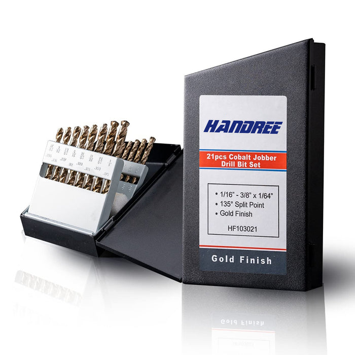 Handree 21 Pcs Fractional Jobber Length Drill Bit Set, M35, 135 Degrees Split Point, Round Shank, Bronze Finish