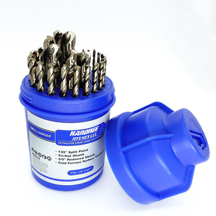 Handree 29 Pcs Fractional Jobber Length Drill Bit Set, M35, 135 Degrees Split Point, Three Flats Shank, Bronze Finish