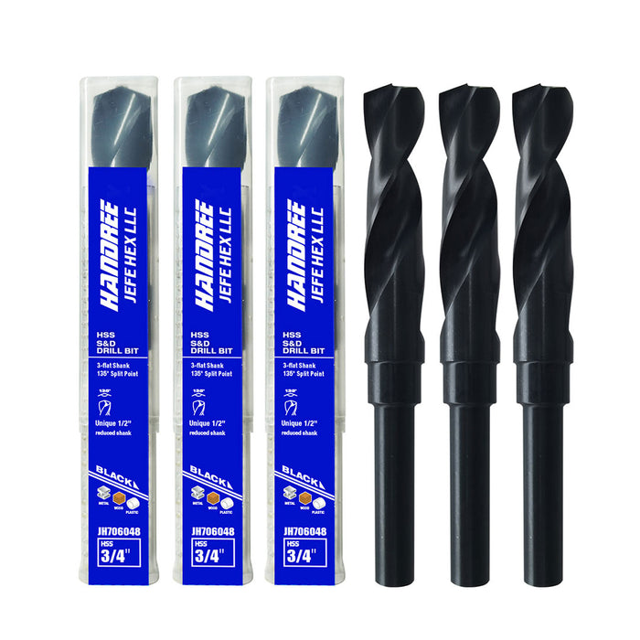 Handree Reduced Shank Drill Bits, HSS, 135 Degrees Split Point, Black Finish 3/4" (3 Pcs)