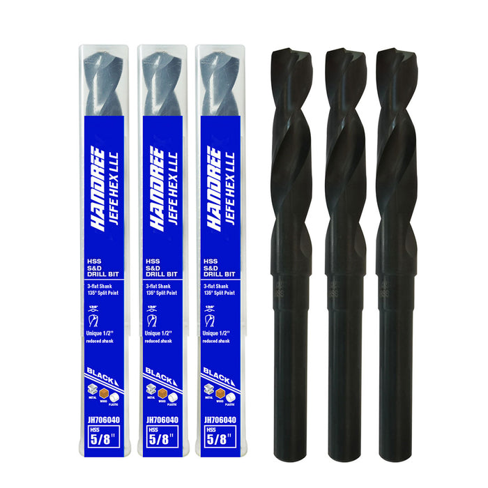 Handree Reduced Shank Drill Bits, HSS, 135 Degrees Split Point, Black Finish 5/8" (3 Pcs)