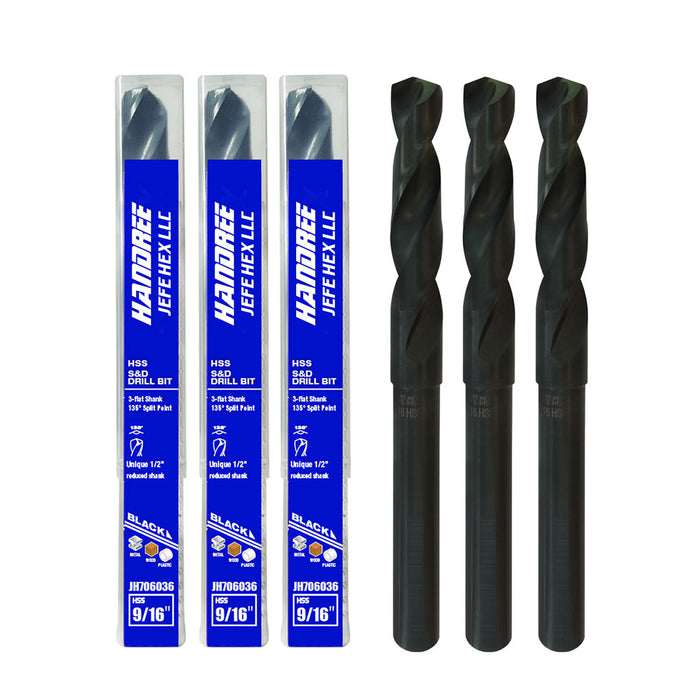 Handree Reduced Shank Drill Bits, HSS, 135 Degrees Split Point, Black Finish 9/16" (3 Pcs)