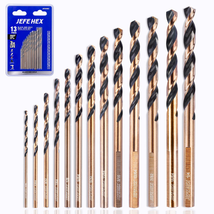 Handree 13 Pcs Jobber Length Drill Bits, HSS, 135 Degrees Split Points, Three Flats Shank, Black & Gold Finish
