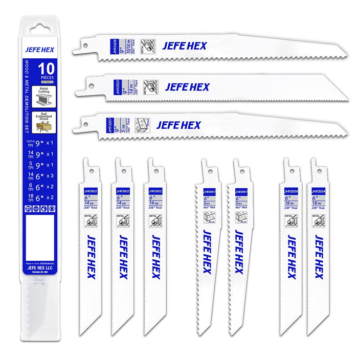Hnadree JEFE HEX 10-Piece Reciprocating Saw Blades Set, 6 to 9 Inch Bi-Metal Cobalt Saw Blades Kit, Heavy Duty Metal Cutting, Wood Pruning and Multi-Purpose