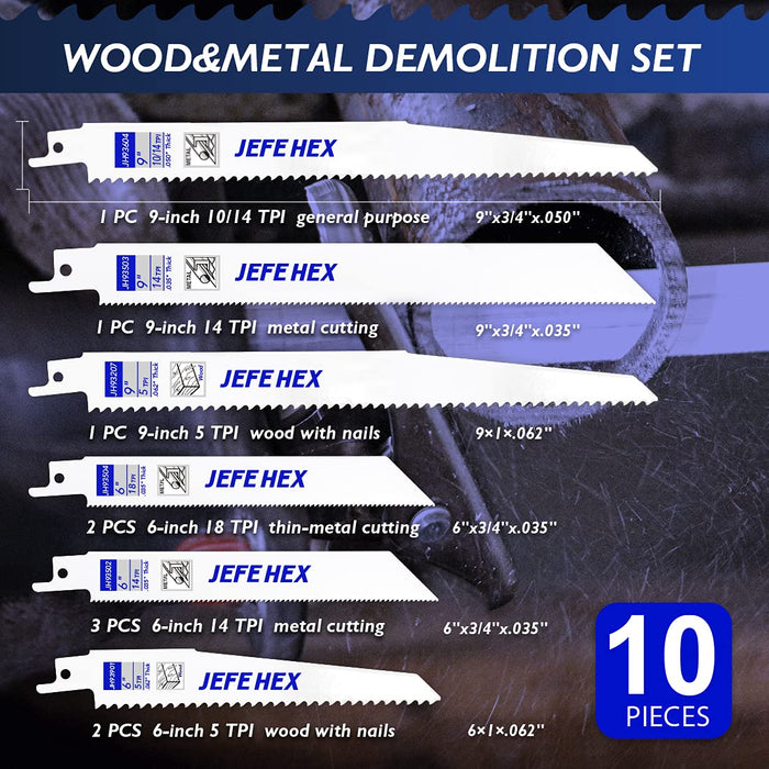 Hnadree JEFE HEX 10-Piece Reciprocating Saw Blades Set, 6 to 9 Inch Bi-Metal Cobalt Saw Blades Kit, Heavy Duty Metal Cutting, Wood Pruning and Multi-Purpose
