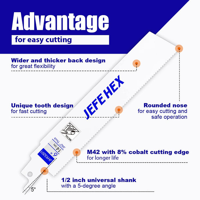 Handree JEFE HEX 5-Piece Reciprocating Saw Blades - 6 Inch 14 TPI Saw Blade Set Bi-Metal Construction with Cobalt for Heavy Duty Metal Cutting and Wood Cutting