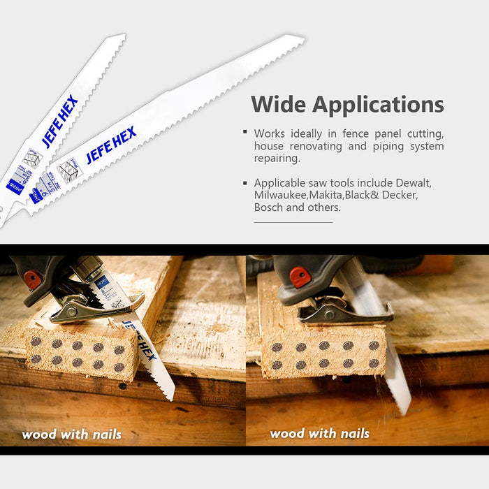 Hnadree JEFE HEX 10-Piece Reciprocating Saw Blades Set, 6 to 9 Inch Bi-Metal Cobalt Saw Blades Kit, Heavy Duty Metal Cutting, Wood Pruning and Multi-Purpose