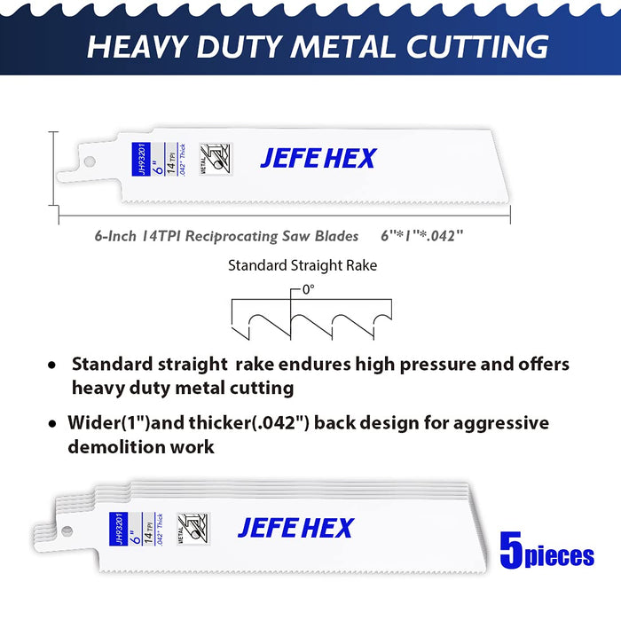 Handree JEFE HEX 5-Piece Reciprocating Saw Blades - 6 Inch 14 TPI Saw Blade Set Bi-Metal Construction with Cobalt for Heavy Duty Metal Cutting and Wood Cutting