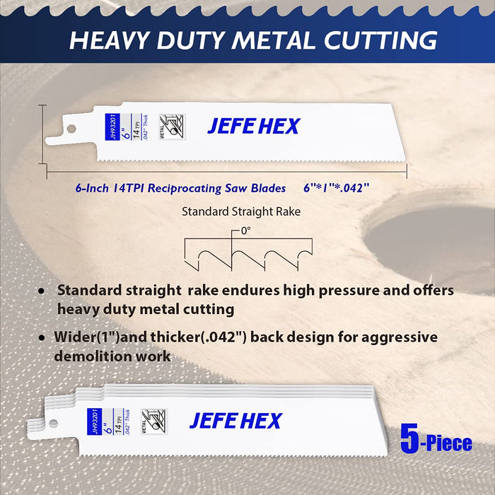 Handree JEFE HEX 5-Piece Reciprocating Saw Blades - 6 Inch 14 TPI Saw Blade Set Bi-Metal Construction with Cobalt for Heavy Duty Metal Cutting and Wood Cutting