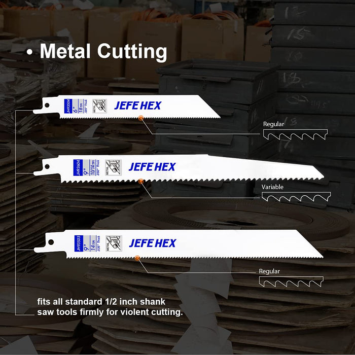 Hnadree JEFE HEX 10-Piece Reciprocating Saw Blades Set, 6 to 9 Inch Bi-Metal Cobalt Saw Blades Kit, Heavy Duty Metal Cutting, Wood Pruning and Multi-Purpose
