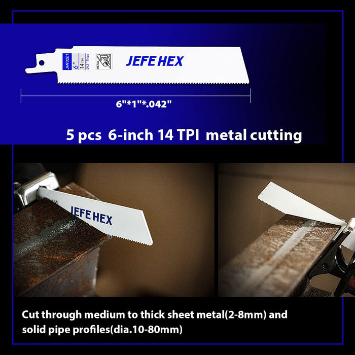 Handree JEFE HEX 5-Piece Reciprocating Saw Blades - 6 Inch 14 TPI Saw Blade Set Bi-Metal Construction with Cobalt for Heavy Duty Metal Cutting and Wood Cutting