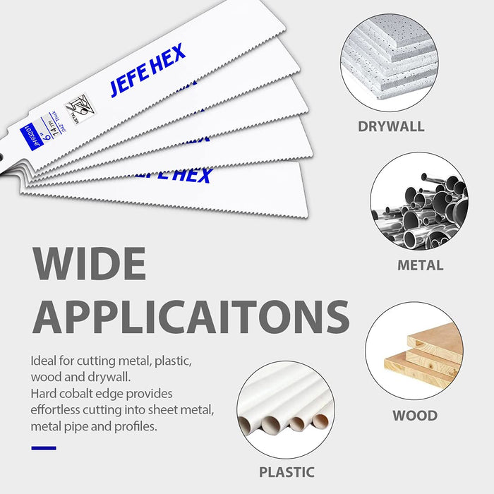 Handree JEFE HEX 5-Piece Reciprocating Saw Blades - 6 Inch 14 TPI Saw Blade Set Bi-Metal Construction with Cobalt for Heavy Duty Metal Cutting and Wood Cutting