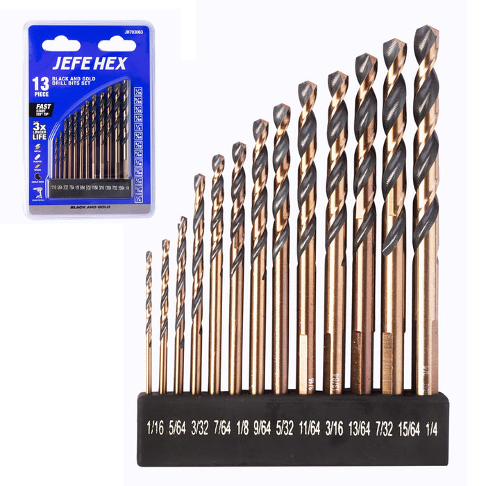 Handree 13 Pcs Jobber Length Drill Bits, HSS,  135 Degrees Split Points, Three Flats Shank, Black & Gold Finish