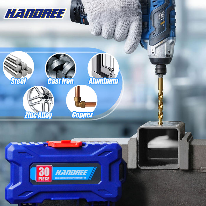Handree 30pcs Hex Shank Stepped Point Drill Bit Set