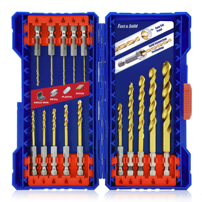 Handree 15 Pcs Hex Shank Drill Bit Set, HSS, 135 Degrees Split Point, TiN Finish