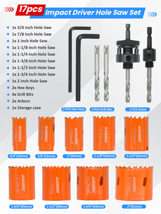 Handree 17 Pcs Hex Shank Bi-Metal Hole Saw Set