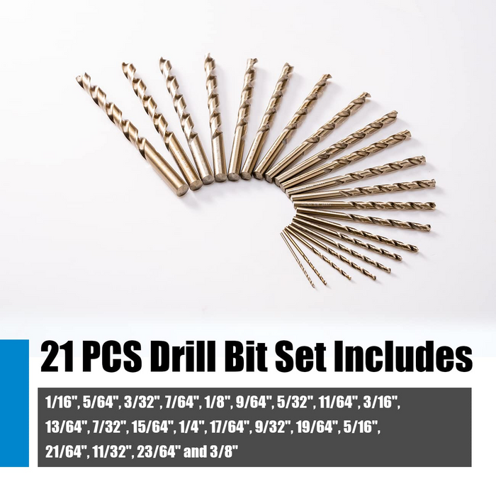 Handree 21 Pcs Fractional Jobber Length Drill Bit Set, M35, 135 Degrees Split Point, Round Shank, Bronze Finish