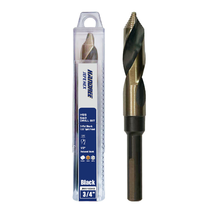 Handree Reduced Shank Drill Bits, HSS, 130 Degrees Stepped Point Split Point, Black Finish