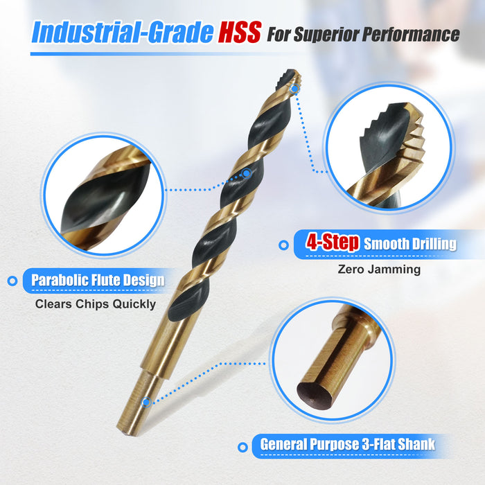 Handree 29 Pcs Jobber Length Drill Bit Set, HSS, Stepped Point, Three Flats Shank, Black & Gold Finish