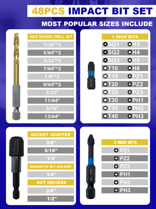 Handree 48 Pcs Hex Shank Drill Bit and Screw Driver Bit Sets