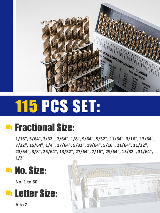 Handree 115 Pcs  Fractional Jobber Length Drill Bit Set, M35, 135 Degrees Split Point, Round Shank, Bronze Finish