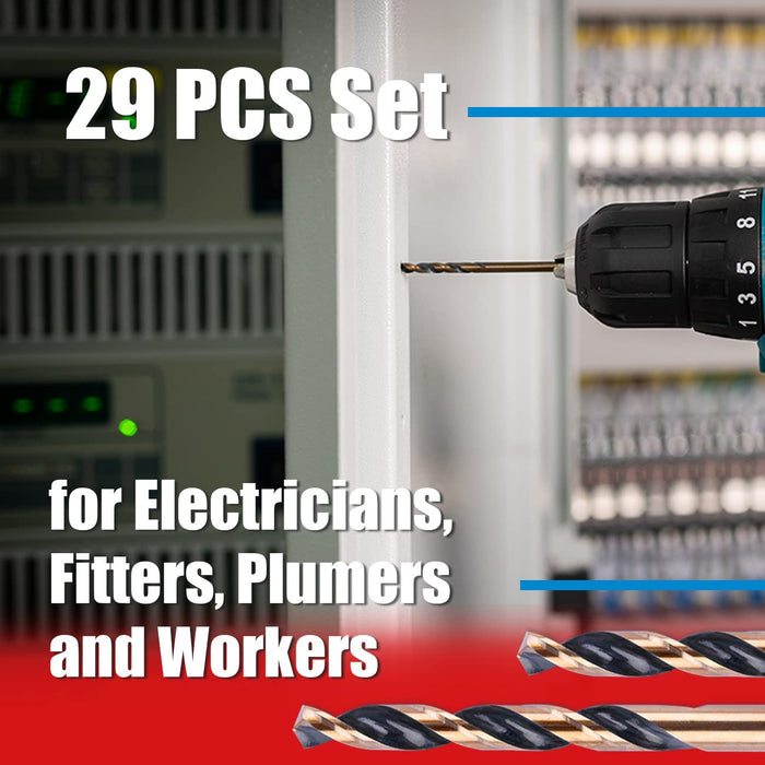 Handree 29 Pcs Fractional Jobber Length Drill Bit Set, W4,  135 Degrees Split Point, Three Flats Shank, Black and Gold Finish