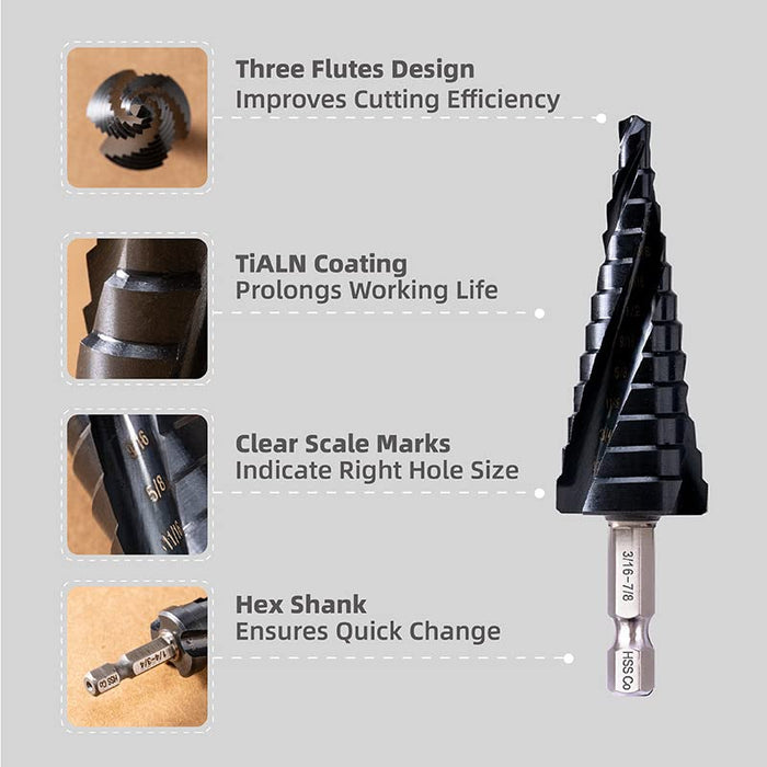Handree 3Pcs Step Drill Bit Set, M35, Hex Shank , TiALN Finish
