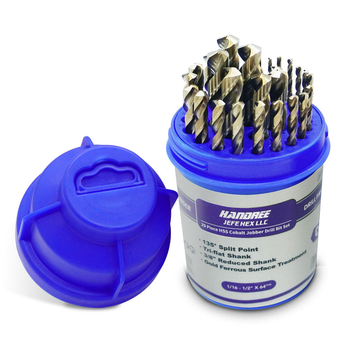 Handree 29 Pcs Fractional Jobber Length Drill Bit Set, M35, 135 Degrees Split Point, Three Flats Shank, Bronze Finish