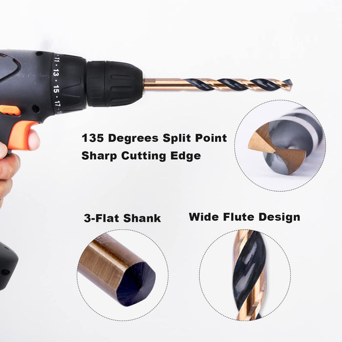 Handree 29 Pcs Fractional Jobber Length Drill Bit Set, W4,  135 Degrees Split Point, Three Flats Shank, Black and Gold Finish