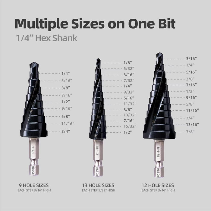 Handree 3Pcs Step Drill Bit Set, M35, Hex Shank , TiALN Finish