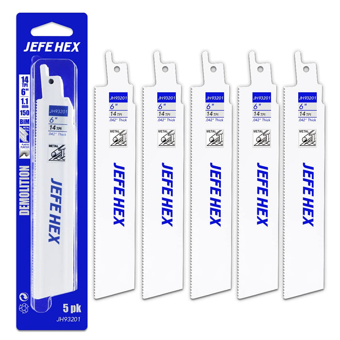 Handree JEFE HEX 5-Piece Reciprocating Saw Blades - 6 Inch 14 TPI Saw Blade Set Bi-Metal Construction with Cobalt for Heavy Duty Metal Cutting and Wood Cutting