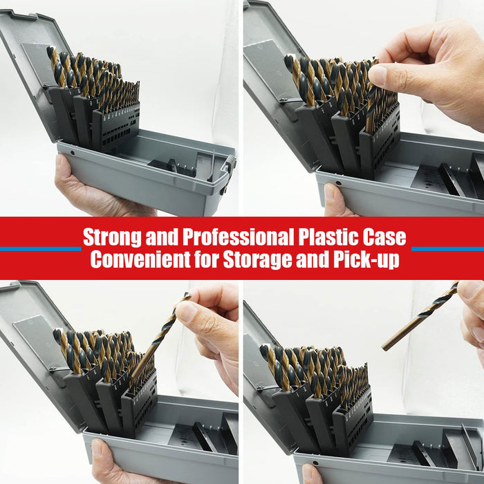 Handree 29 Pcs Fractional Jobber Length Drill Bit Set, W4,  135 Degrees Split Point, Three Flats Shank, Black and Gold Finish