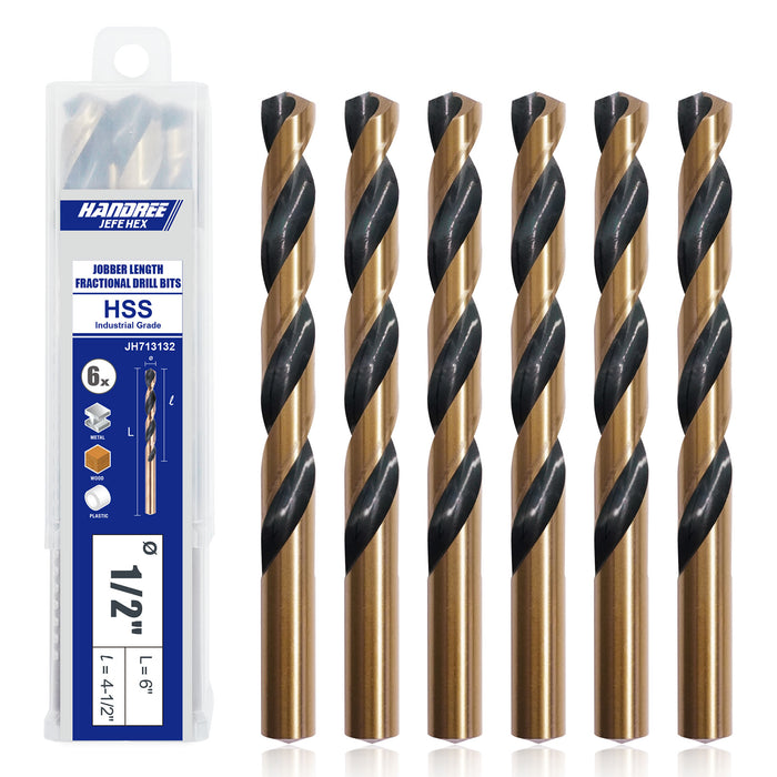Handree Jobber Length Drill Bits, M2, 135 Degrees Split Point, Round Shank ,  Black and Gold Finish