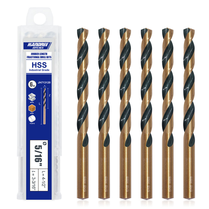 Handree Jobber Length Drill Bits, M2, 135 Degrees Split Point, Round Shank ,  Black and Gold Finish