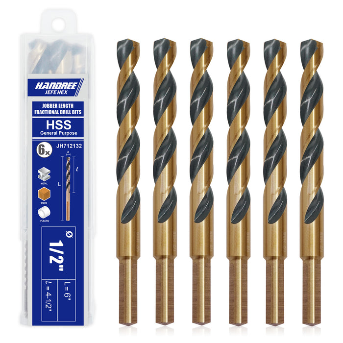 Handree Jobber Length Drill Bits, W4, 135 Degrees Split Point,  Three Flats Shank,  Black & Gold Finish
