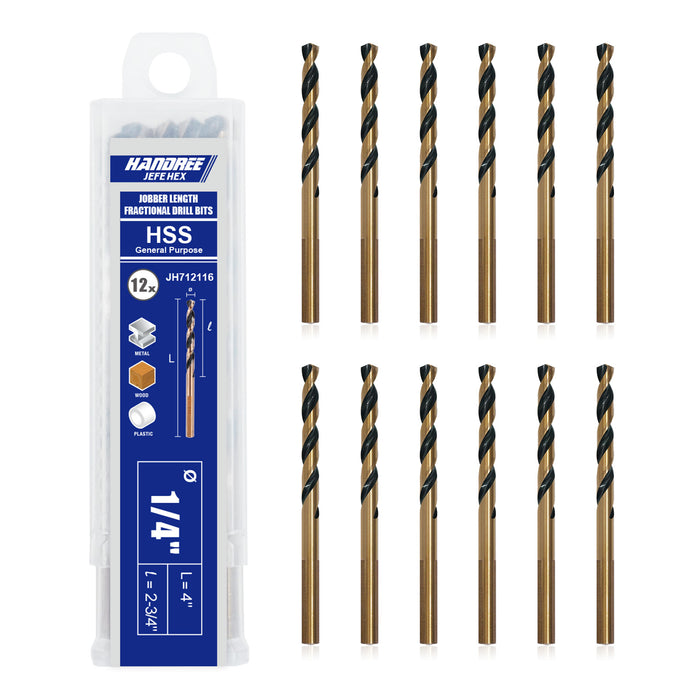 Handree Jobber Length Drill Bits, W4, 135 Degrees Split Point,  Three Flats Shank,  Black & Gold Finish