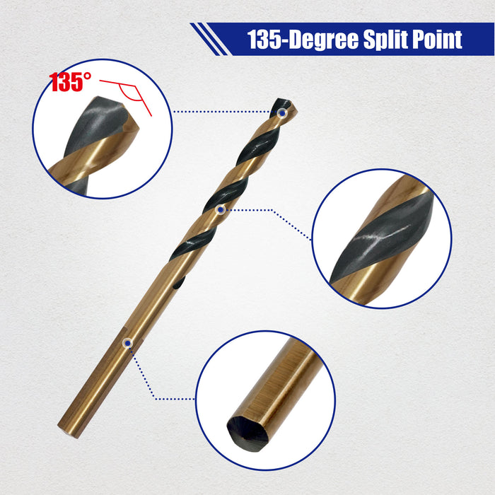 Handree Jobber Length Drill Bits, W4, 135 Degrees Split Point,  Three Flats Shank,  Black & Gold Finish