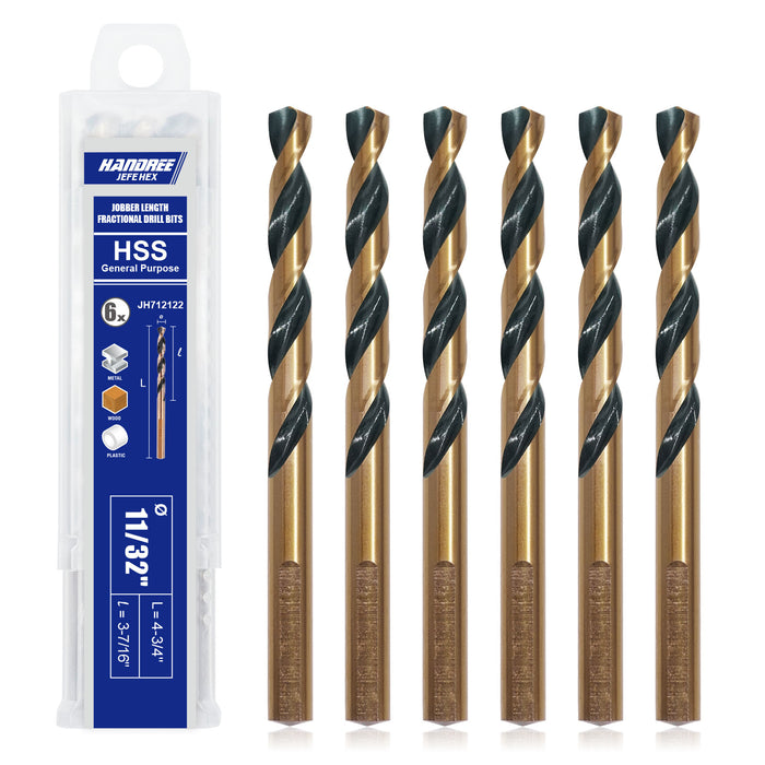 Handree Jobber Length Drill Bits, W4, 135 Degrees Split Point,  Three Flats Shank,  Black & Gold Finish