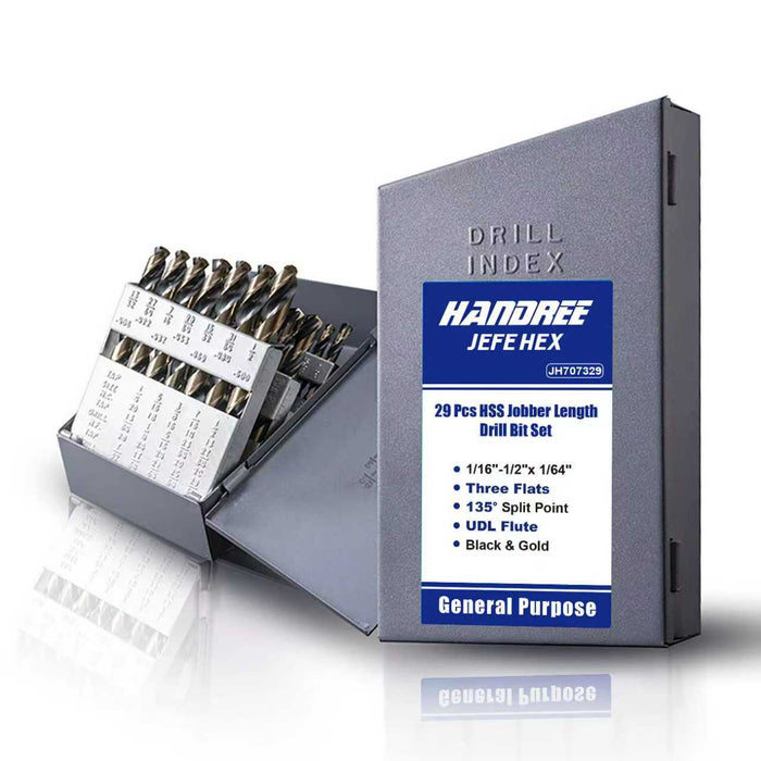 Handree 29 Pcs Fractional Jobber Length Drill Bit Set, W4,  135 Degrees Split Point, Three Flats Shank, Black and Gold Finish