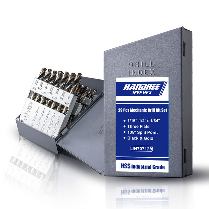 Handree 29 Pcs Mechanics Drill Bit Set, HSS, 135 Degrees Split Point, Three Flats Shank, Black and Gold Finish