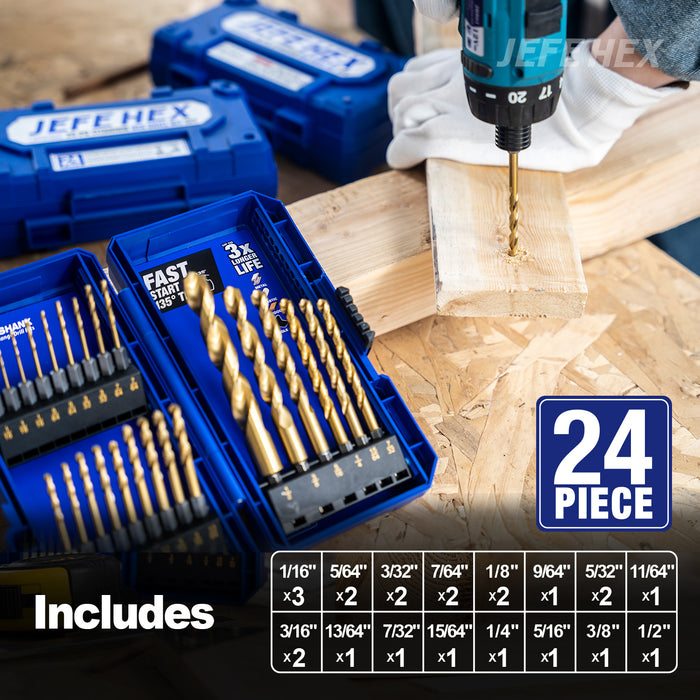 Handree 24 Pcs Hex Shank Drill Bit Set, HSS, 135 Degrees Split Point, TiN Coated