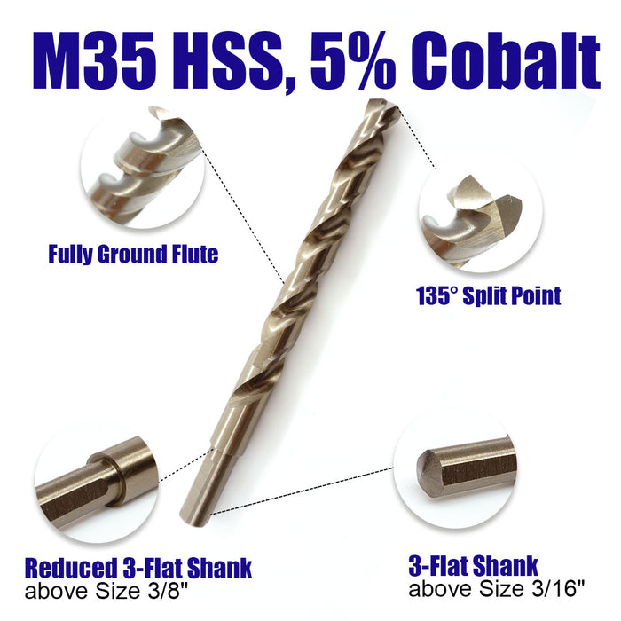 Handree 29 Pcs Fractional Jobber Length Drill Bit Set, M35, 135 Degrees Split Point, Three Flats Shank, Bronze Finish