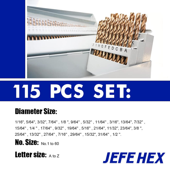 Handree 115 Pcs  Fractional Jobber Length Drill Bit Set, M35, 135 Degrees Split Point, Round Shank, Bronze Finish