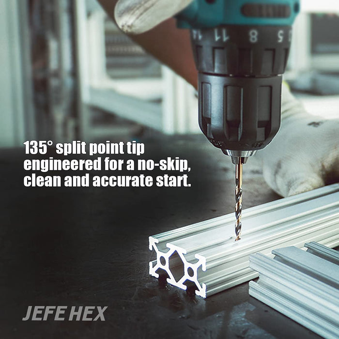 Handree 13 Pcs Jobber Length Drill Bits, HSS,  135 Degrees Split Points, Three Flats Shank, Black & Gold Finish