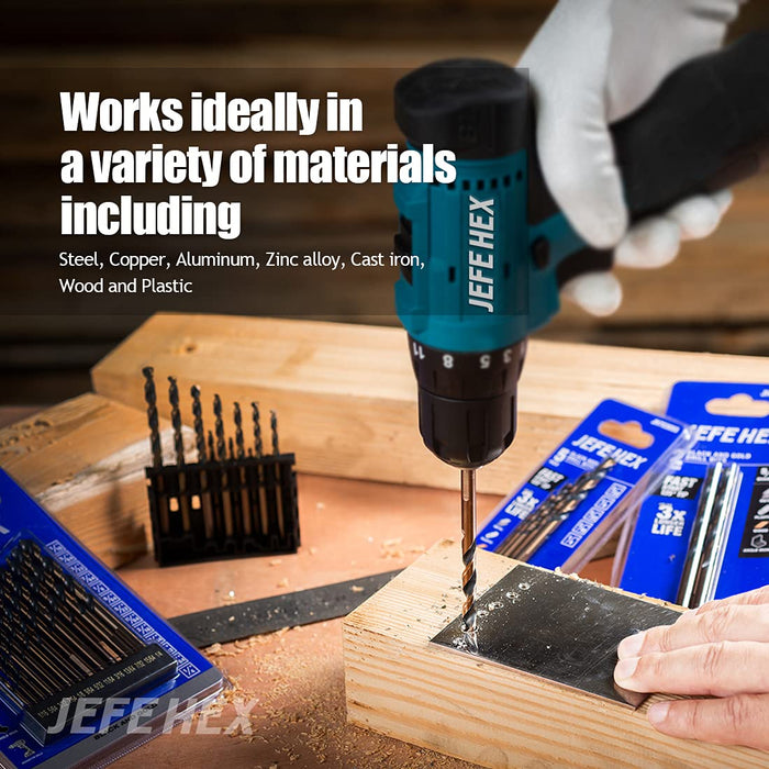 Handree 13 Pcs Jobber Length Drill Bits, HSS,  135 Degrees Split Points, Three Flats Shank, Black & Gold Finish
