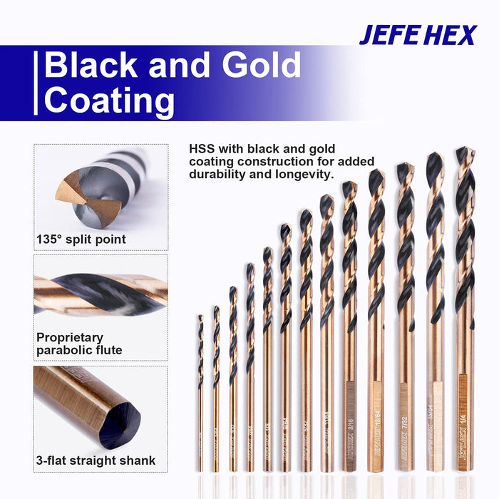 Handree 13 Pcs Jobber Length Drill Bits, HSS,  135 Degrees Split Points, Three Flats Shank, Black & Gold Finish